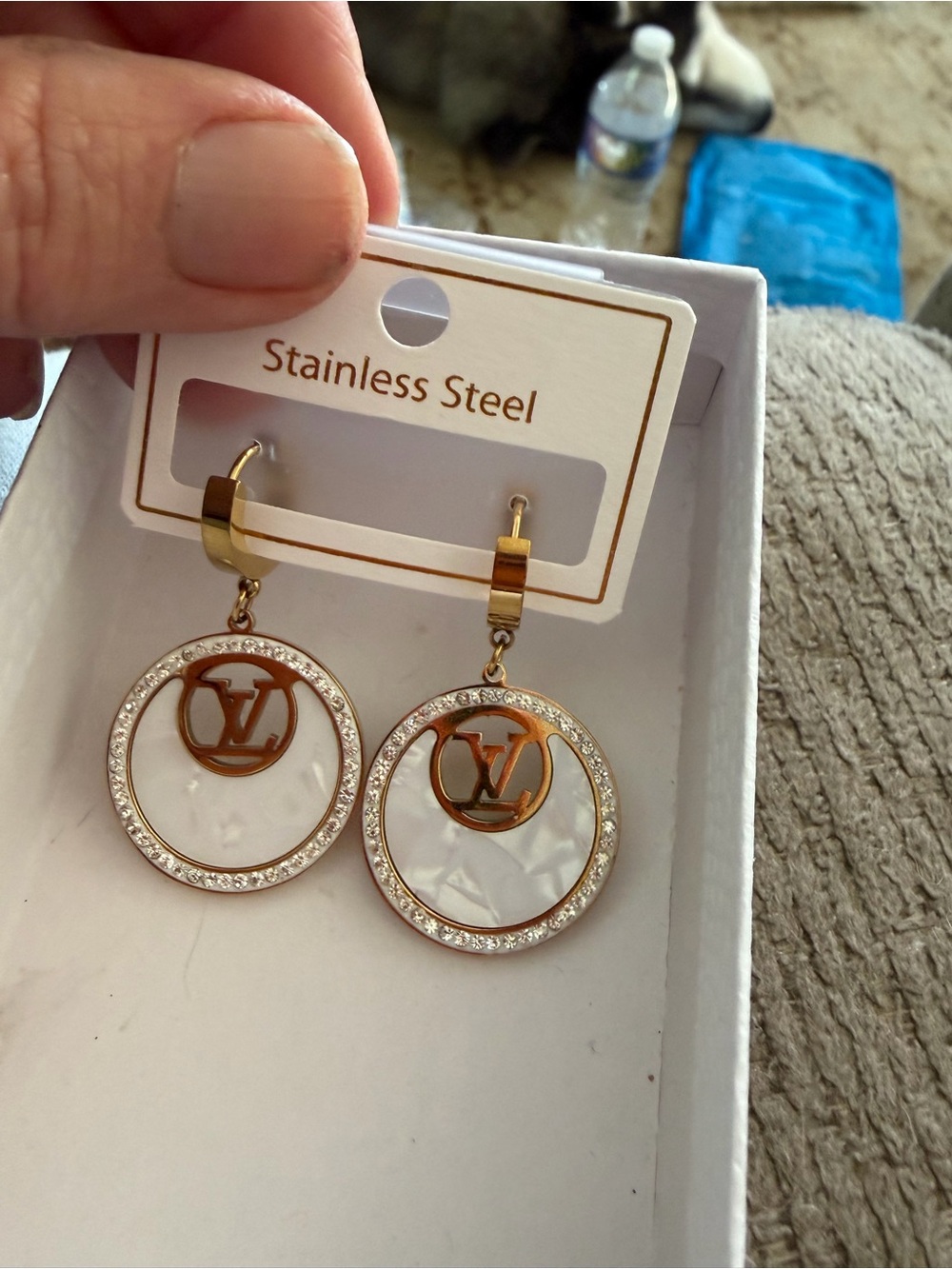 Gold-Tone & White Crystal Hoop Drop Earrings - Stainless Steel, Stainless